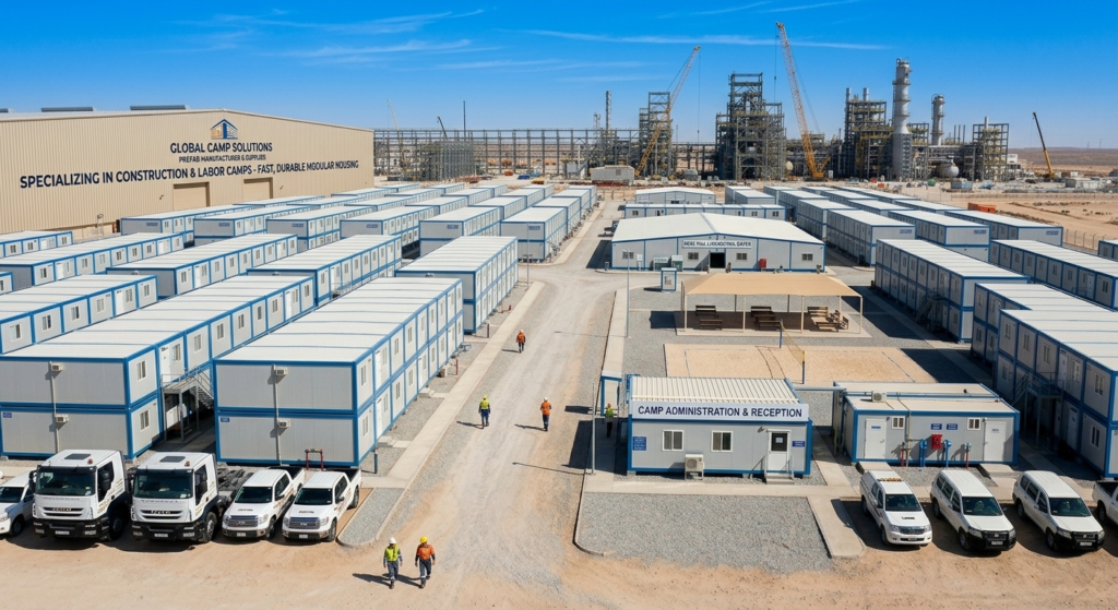 Prefab house buildings for worker accommodation, labor camps and construction project facilities.