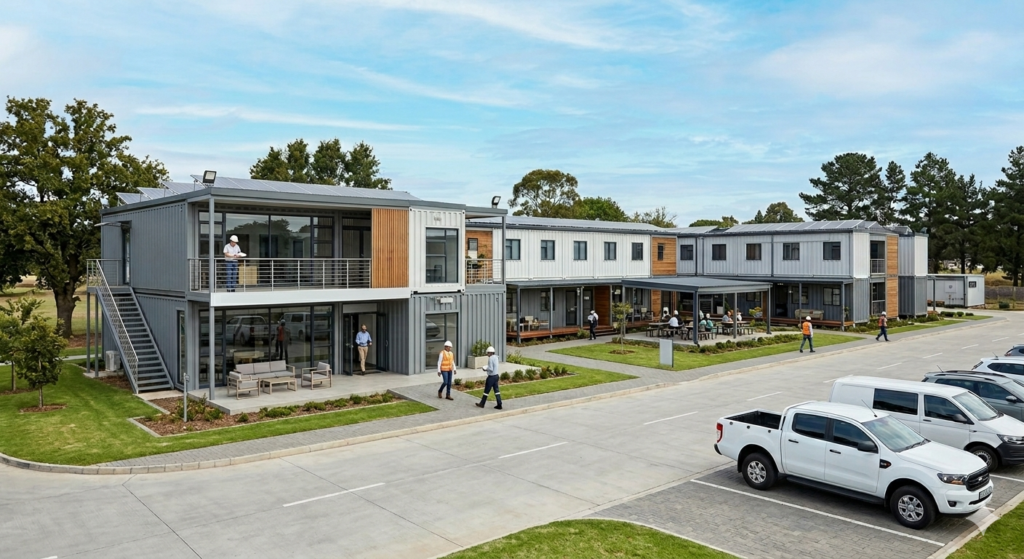 Modular construction site office and camp building project