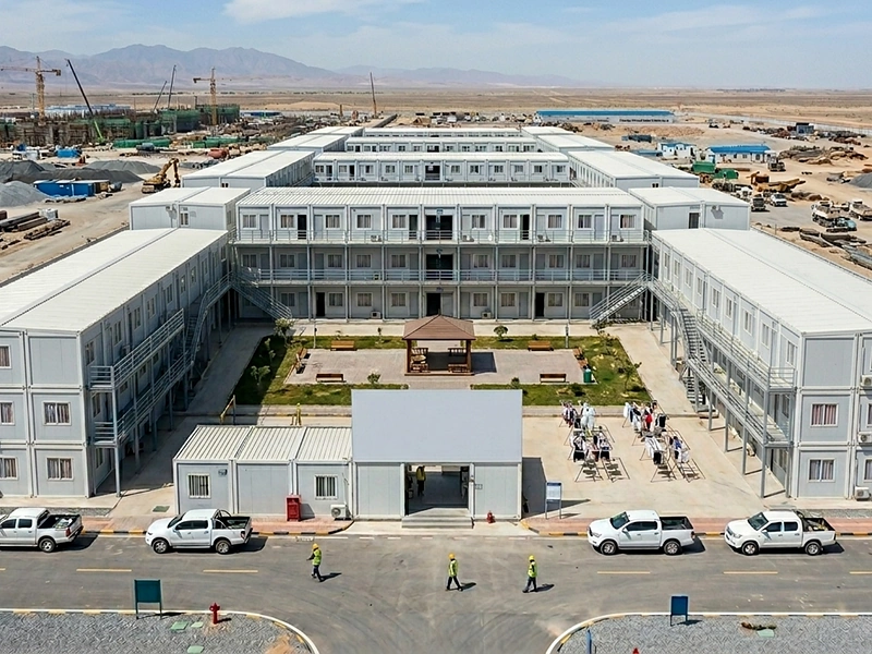 Labor camp solution with modular accommodation buildings around a central courtyard