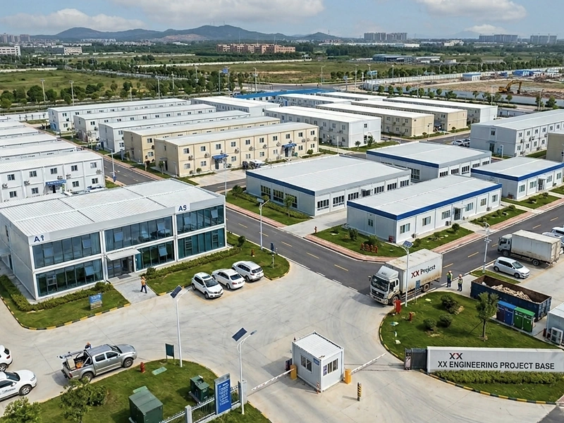 Large labor camp project base with modular buildings for worker accommodation and site offices