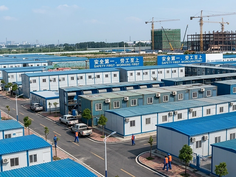 Labor camp solution with modular worker accommodation units and safety first project signs