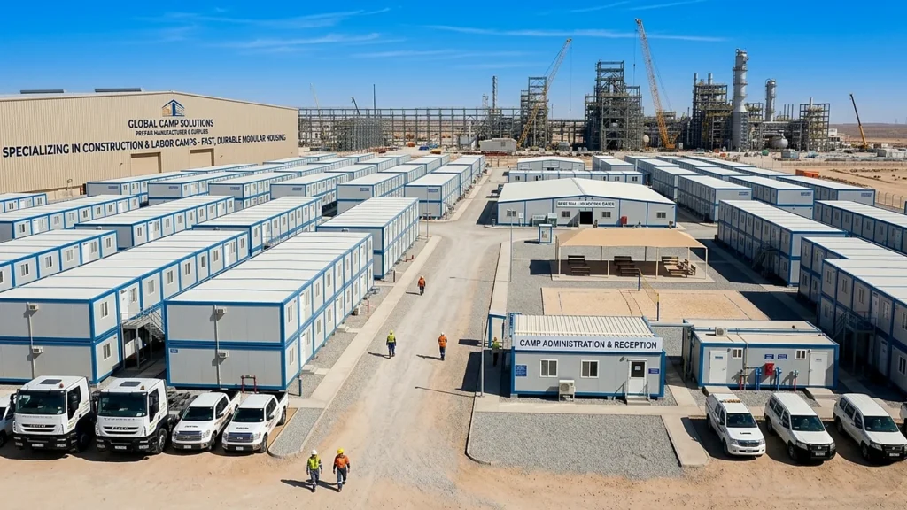 Large prefab house project with modular accommodation buildings for construction and industrial sites
