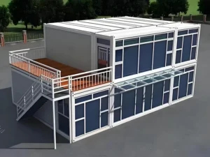 Two-story modular building with roof terrace and exterior staircase