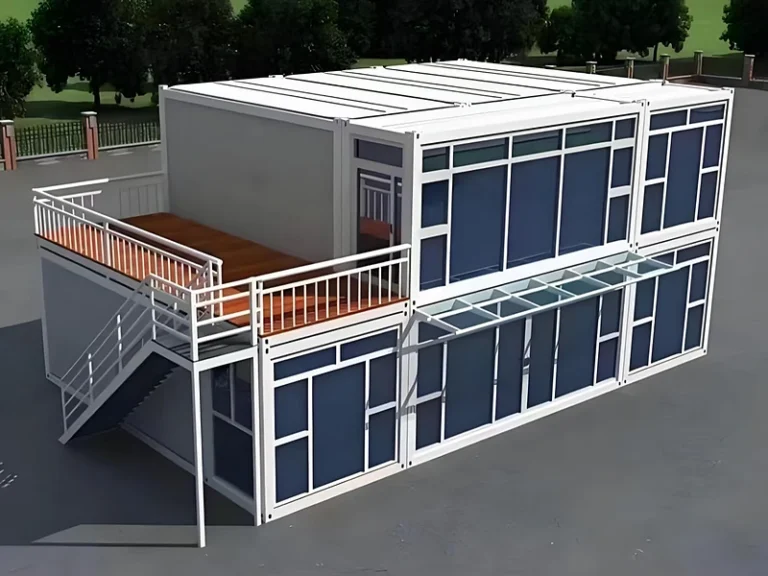 Two-story modular building with roof terrace and exterior staircase