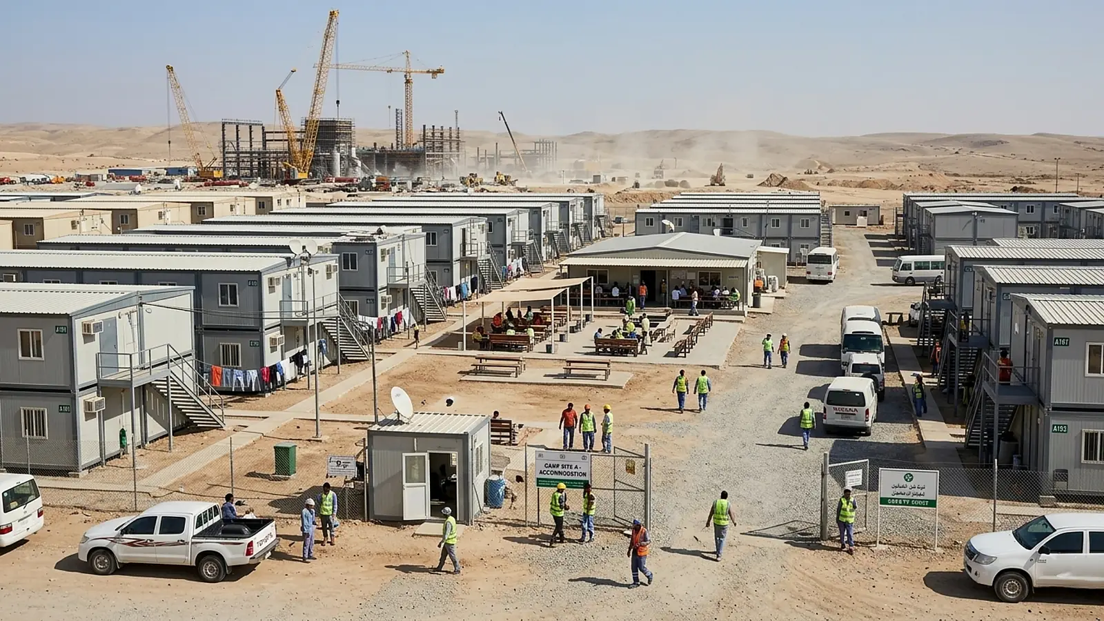 Worker accommodation camp site with modular housing units and construction area