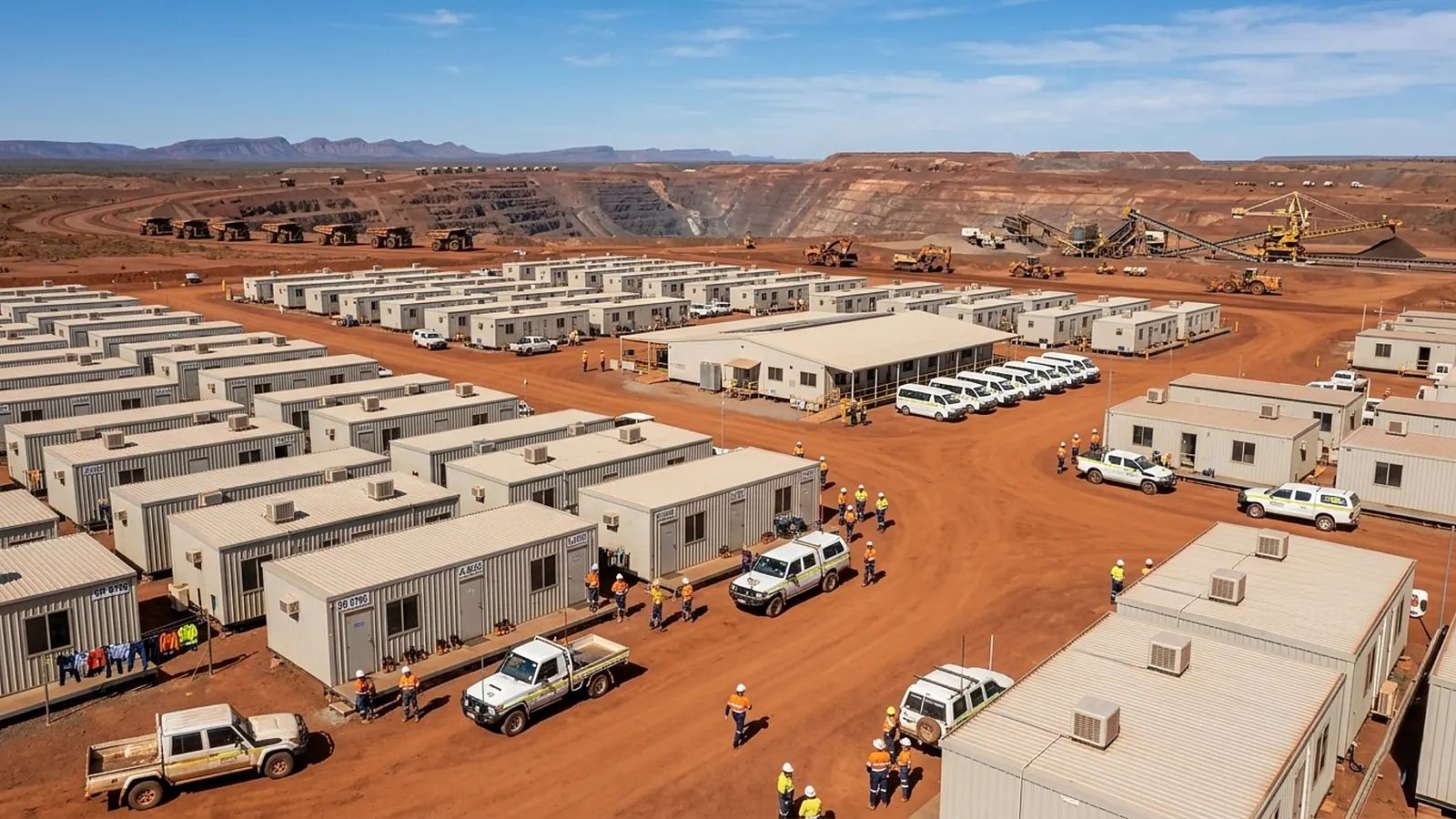 Worker accommodation solution with modular dormitory buildings around a central courtyard