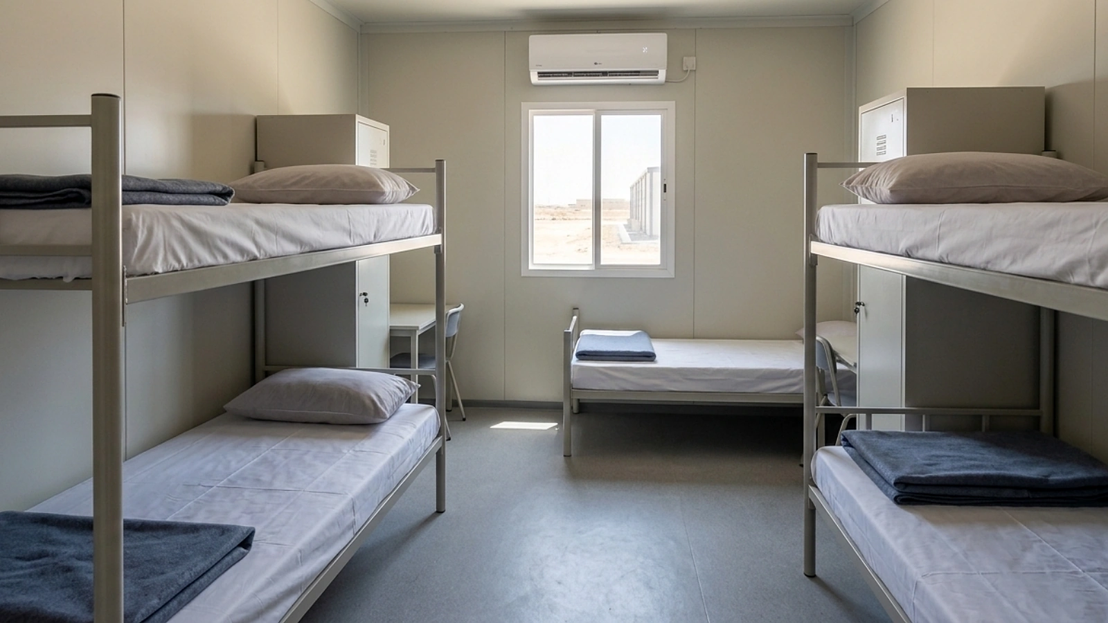 Interior dormitory room for worker accommodation with bunk beds and air conditioning