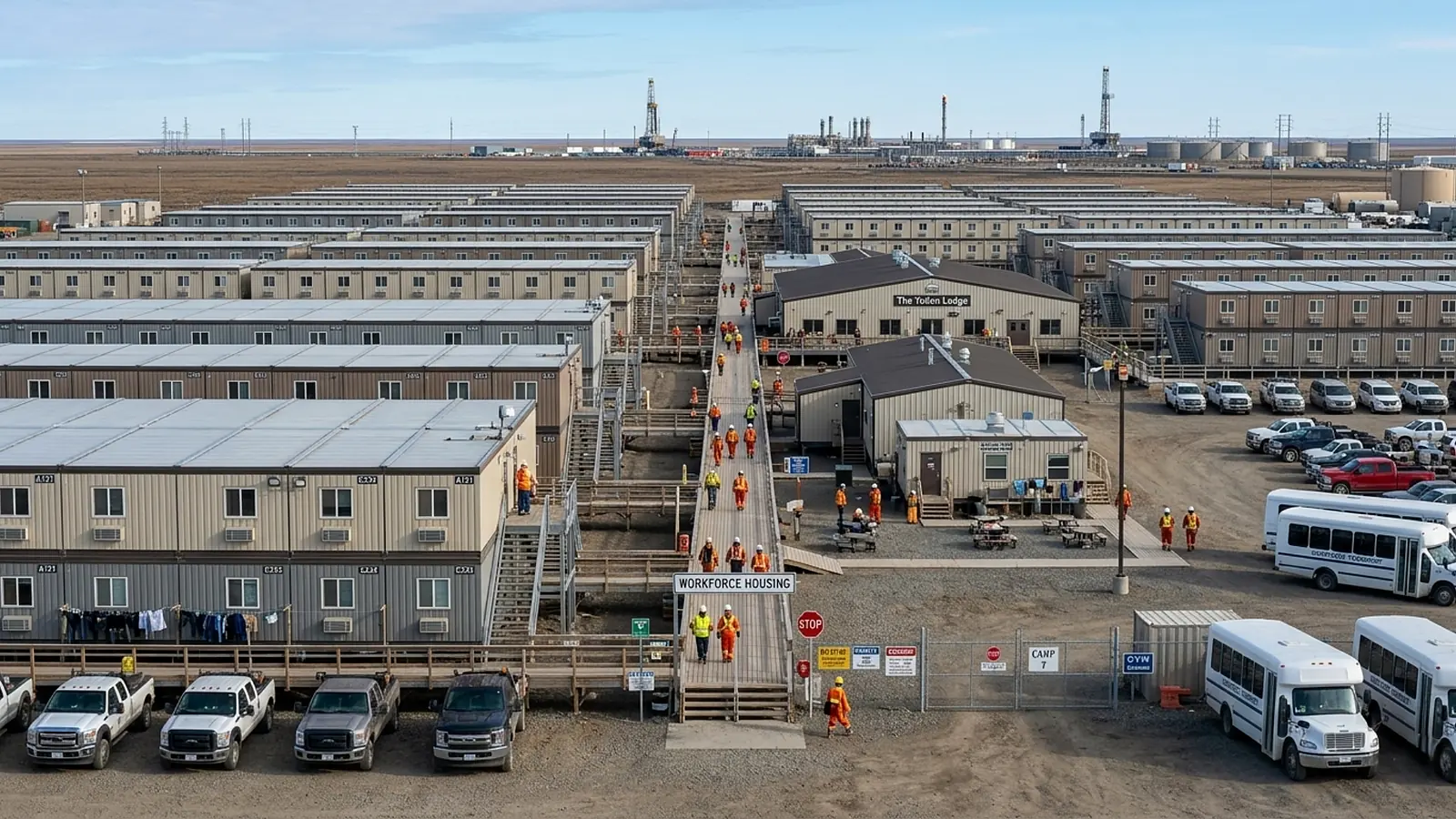 Workforce housing site with modular accommodation buildings and project facilities