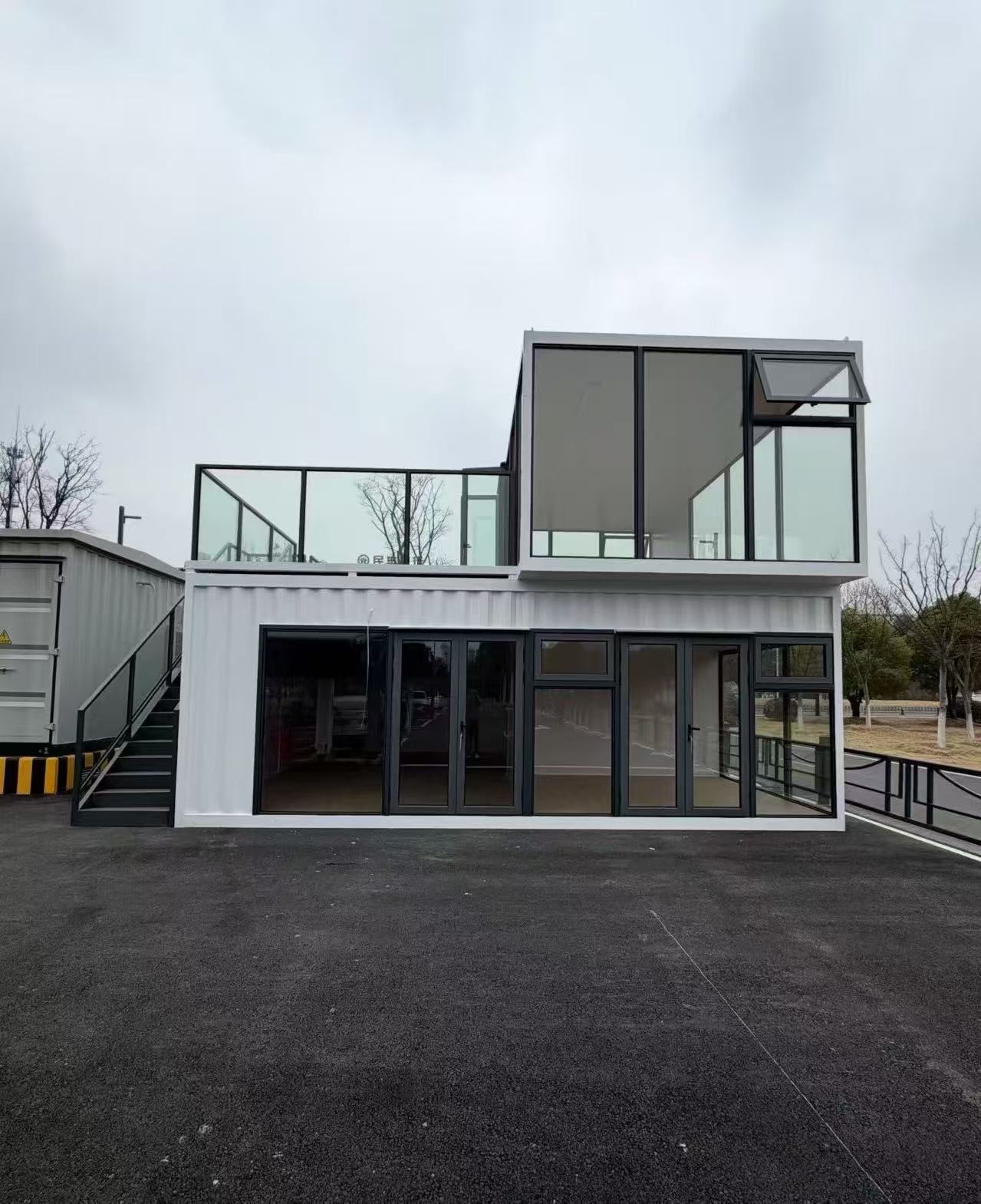 Two-storey container house building with glass windows for modular project use