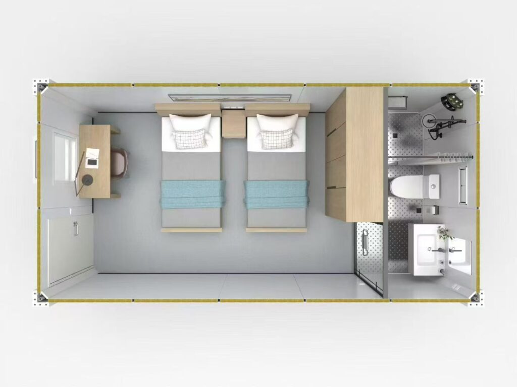 Worker Dormitory Layout: General Workers vs Management Staff twin occupancy 3 x 6 m container house room layout with bathroom