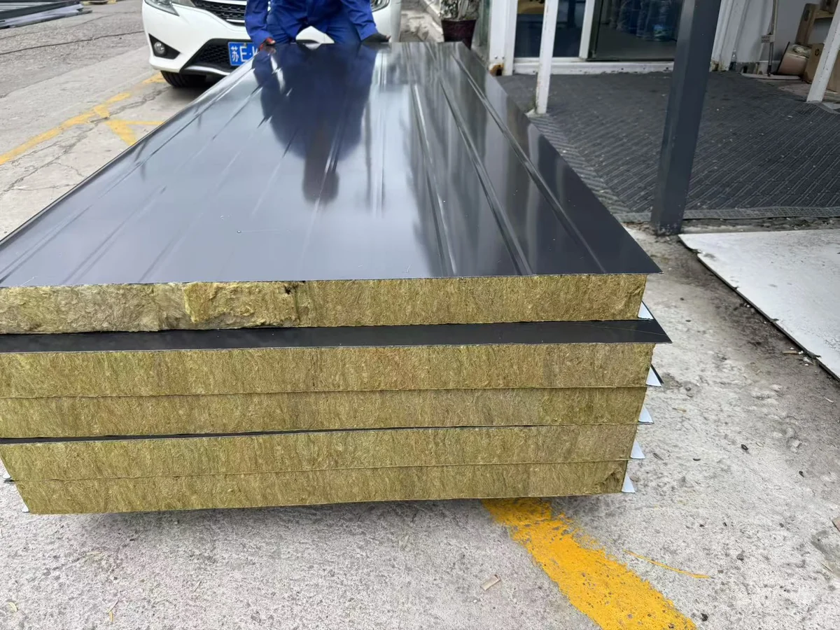 75mm rock wool sandwich panel showing mineral wool insulation core and steel-facing sheet