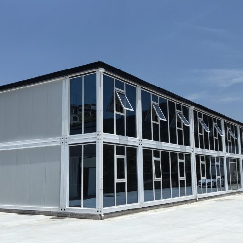 modern modular office building exterior with glass facade